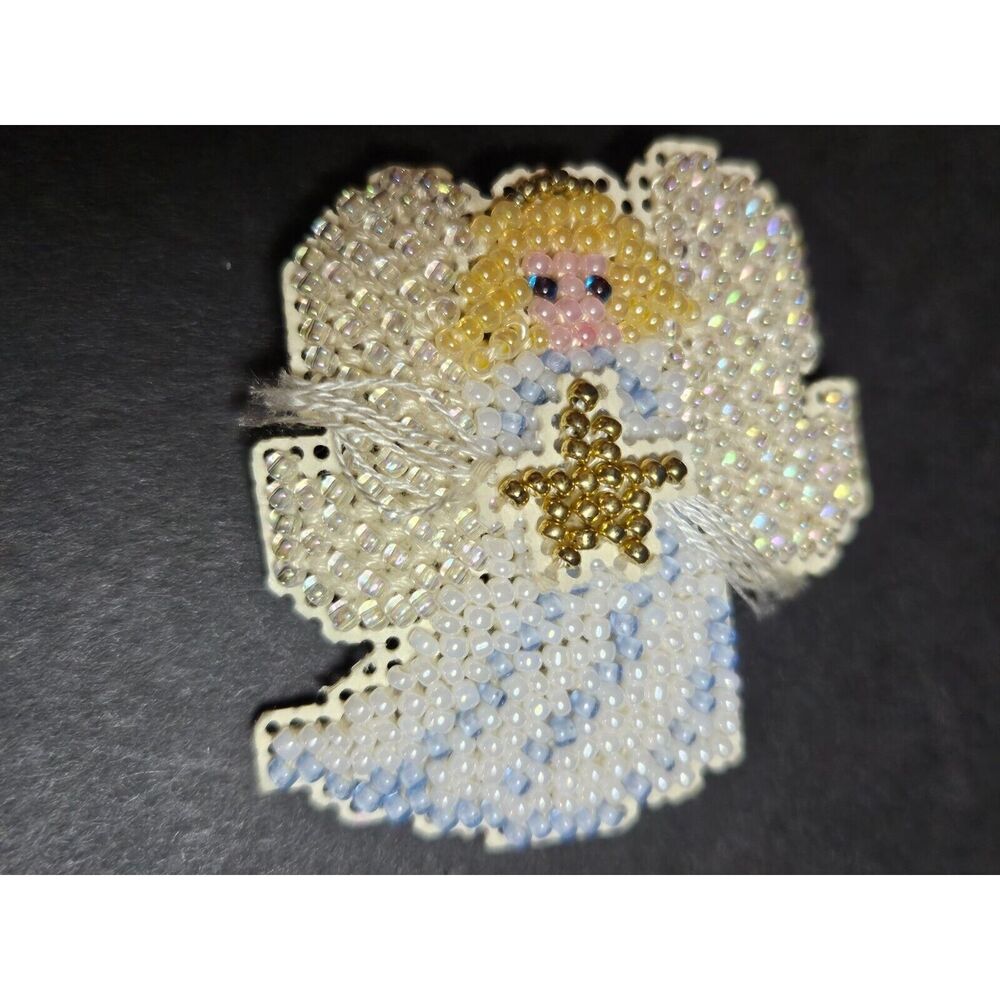 Vintage handmade embroidered seed bead angel brooch